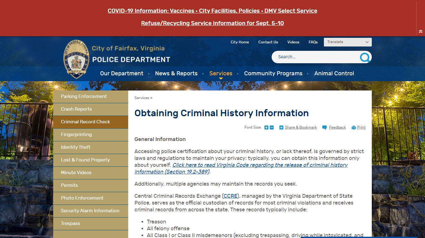 Obtaining Criminal History Information | City of Fairfax, VA